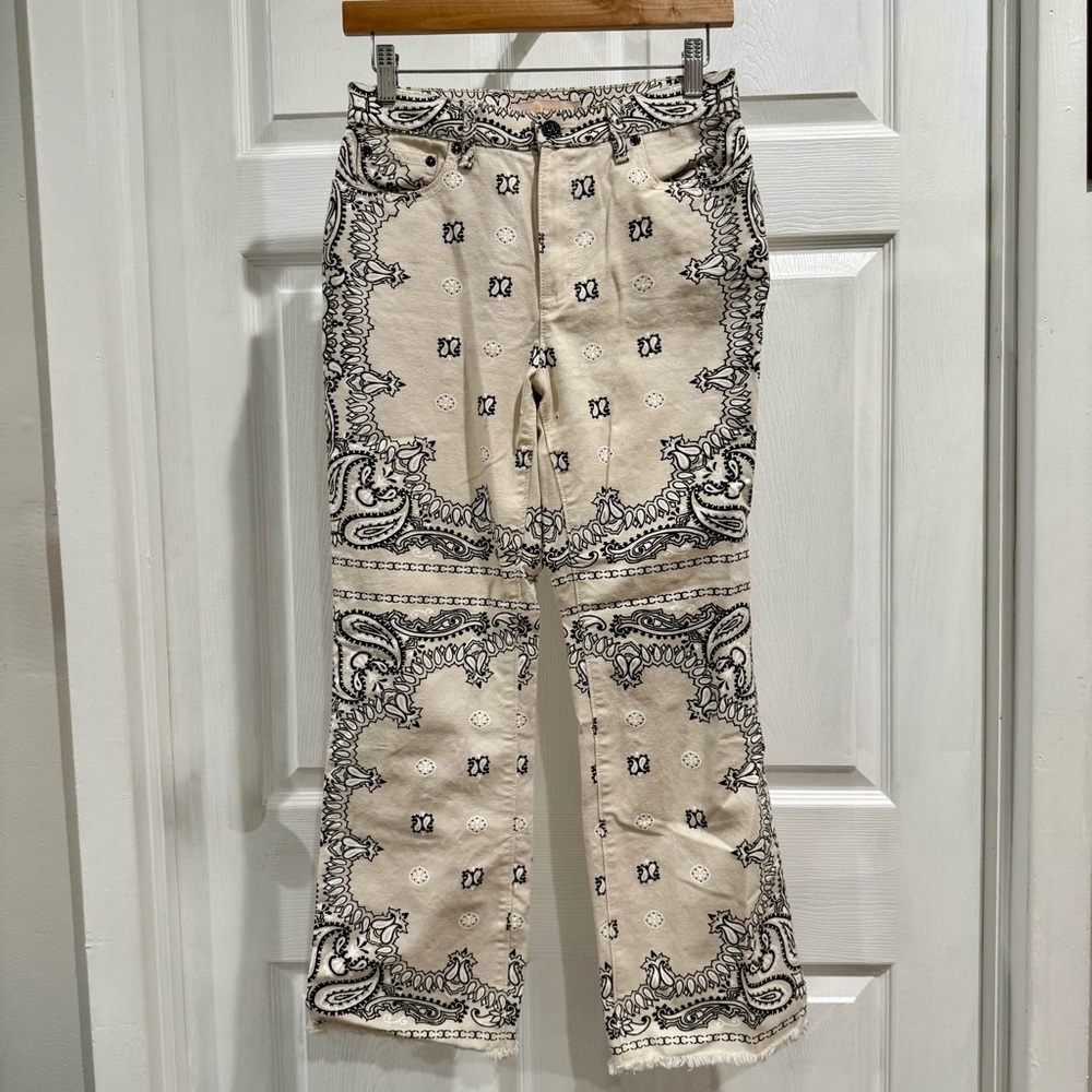 Tory Burch Black Patterned Cream Straight Leg Jeans